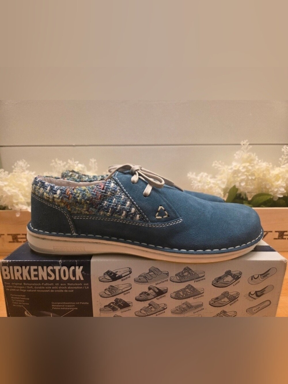 Birkenstock Memphis Suede/Tweed/Textile Lace-up Shoes Petrol Blue EU Size 42